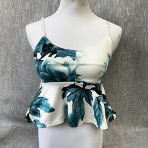 Unbranded Floral Peplum Cami Top Teal White Crop Adjustable Strap Size S/M Sexy